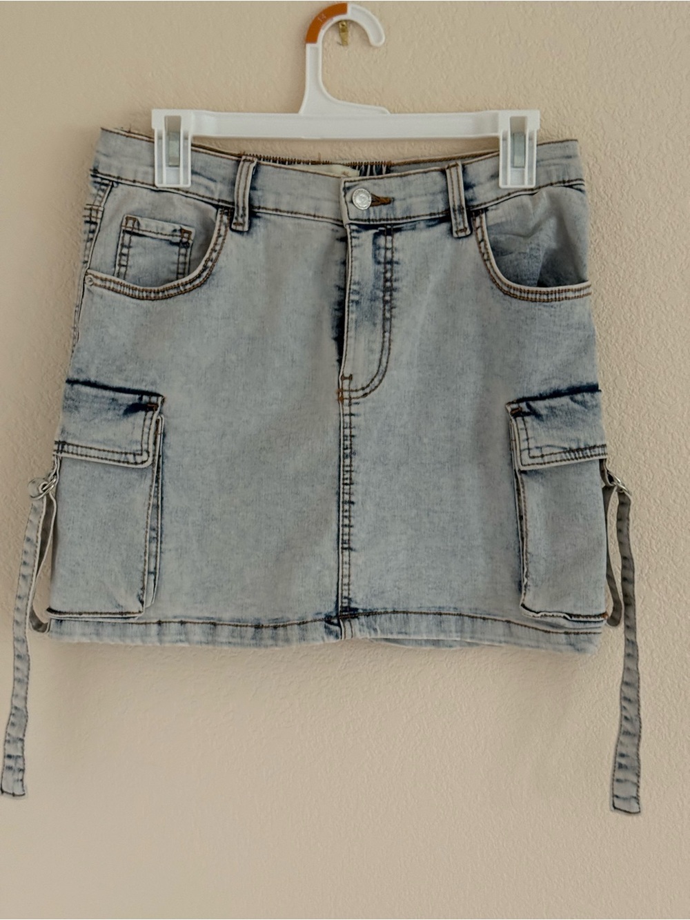 Light Blue Denim Cargo Mini Skirt with Pocket Straps